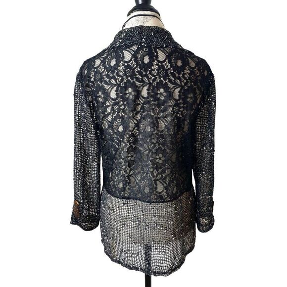 Frazzle Black Open Mesh Open-Front Cardigan M Lace Crochet Button Accents - Picture 3 of 7